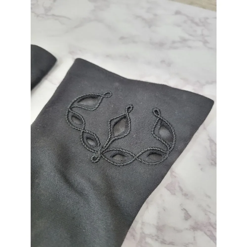Vintage Nylon Classic Black Dress Driving Formal Gloves Satin Inset & Embroidery